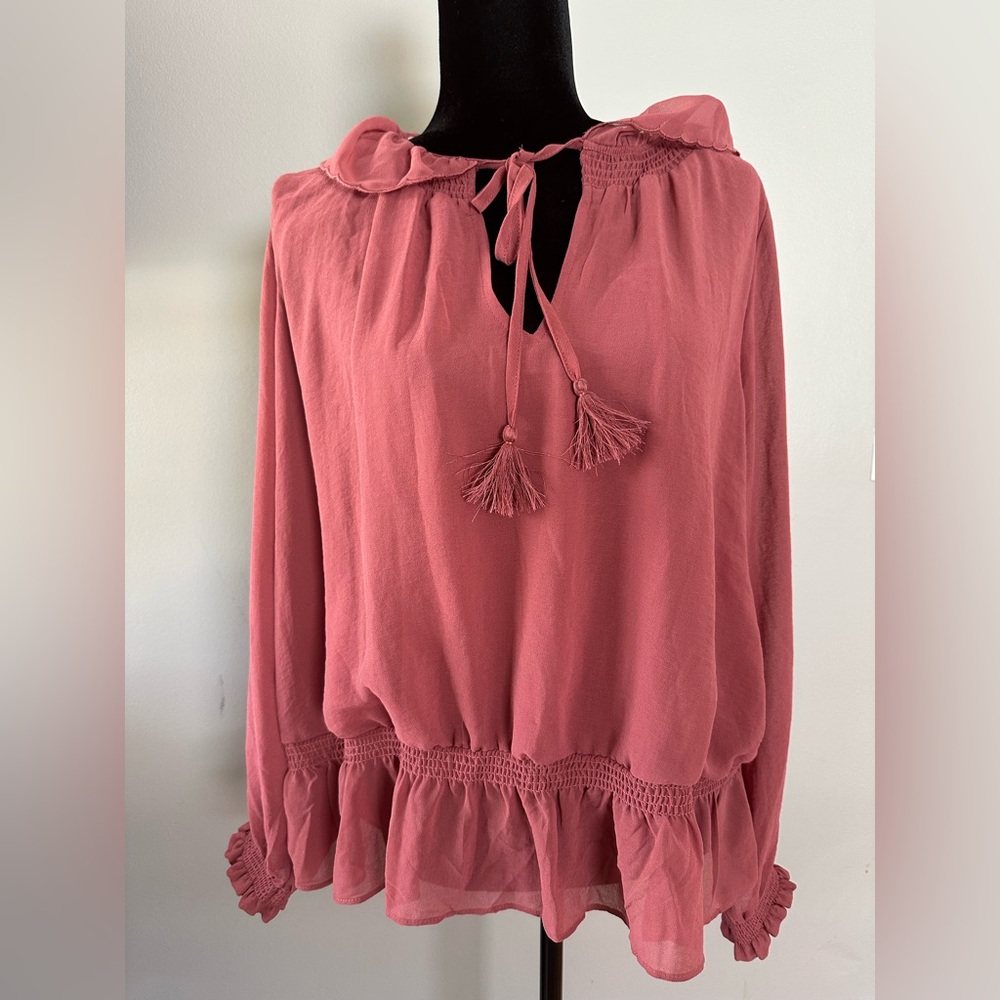 Universal Thread Pink Long Sleeve Tie Front Peplum Blouse - Picture 2 of 8